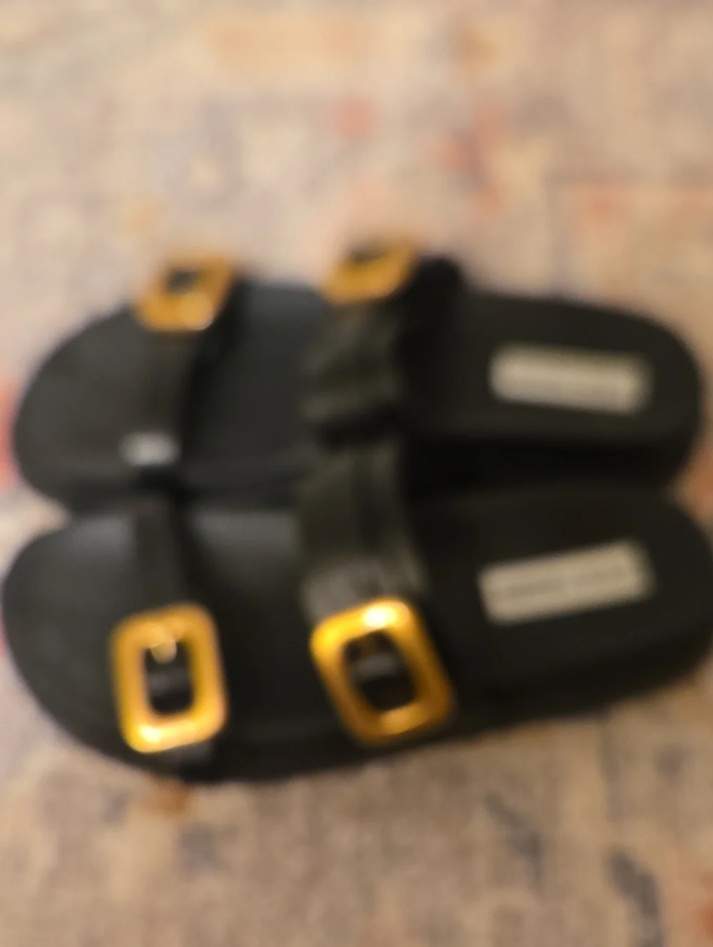 Steve Madden Leather Black Slide Sandals with Gold Buckles